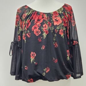Dark Floral Off Shoulder Bell Sheer Sleeve Blouse Size L Romantic Boho